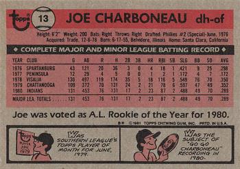 1981 Topps #13 Joe Charboneau Back