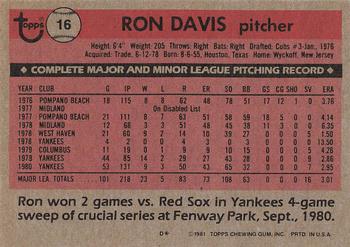 1981 Topps #16 Ron Davis Back