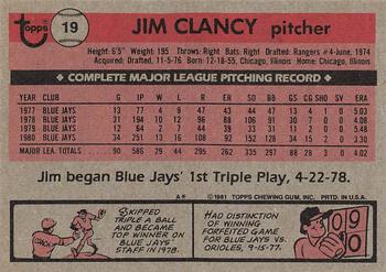 1981 Topps #19 Jim Clancy Back