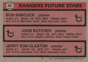 1981 Topps #41 Rangers Future Stars (Bob Babcock / John Butcher / Jerry Don Gleaton) Back