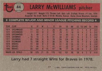 1981 Topps #44 Larry McWilliams Back