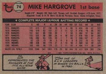 1981 Topps #74 Mike Hargrove Back