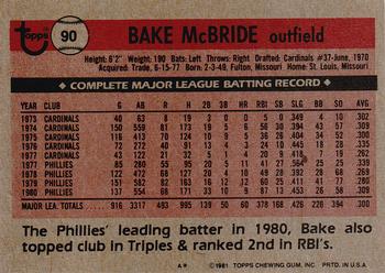 1981 Topps #90 Bake McBride Back