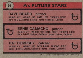1981 Topps #96 A's Future Stars (Dave Beard / Ernie Camacho / Pat Dempsey) Back