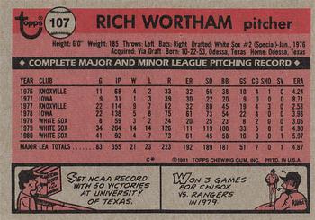 1981 Topps #107 Rich Wortham Back