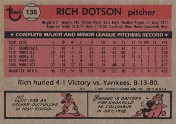1981 Topps #138 Rich Dotson Back
