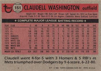 1981 Topps #151 Claudell Washington Back