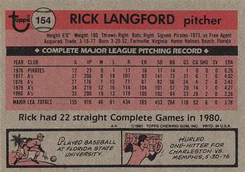 1981 Topps #154 Rick Langford Back