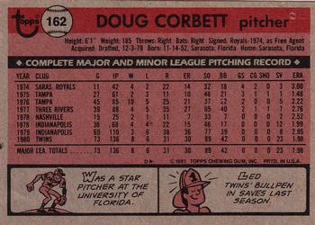 1981 Topps #162 Doug Corbett Back