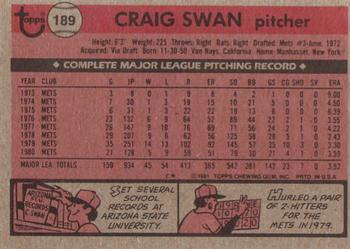 1981 Topps #189 Craig Swan Back