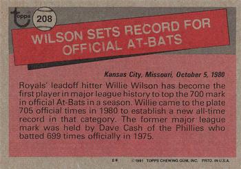 1981 Topps #208 Willie Wilson Back