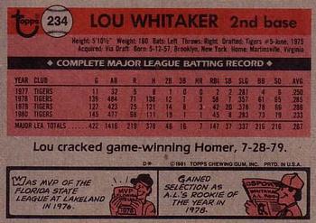 1981 Topps #234 Lou Whitaker Back