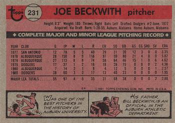 1981 Topps #231 Joe Beckwith Back