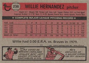 1981 Topps #238 Willie Hernandez Back