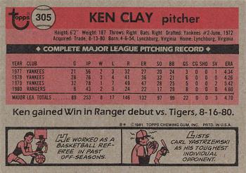 1981 Topps #305 Ken Clay Back
