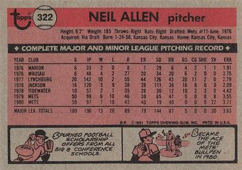 1981 Topps #322 Neil Allen Back