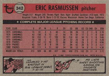 1981 Topps #342 Eric Rasmussen Back
