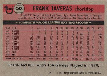 1981 Topps #343 Frank Taveras Back