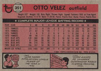 1981 Topps #351 Otto Velez Back