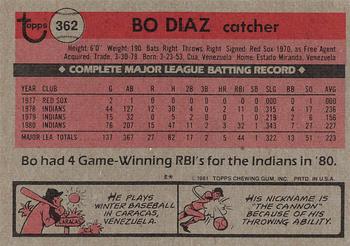 1981 Topps #362 Bo Diaz Back