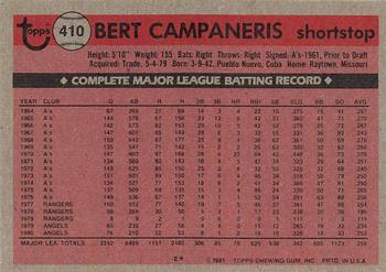 1981 Topps #410 Bert Campaneris Back
