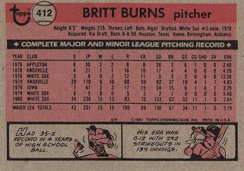 1981 Topps #412 Britt Burns Back