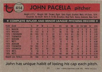 1981 Topps #414 John Pacella Back