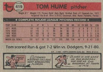 1981 Topps #419 Tom Hume Back