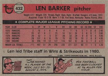 1981 Topps #432 Len Barker Back