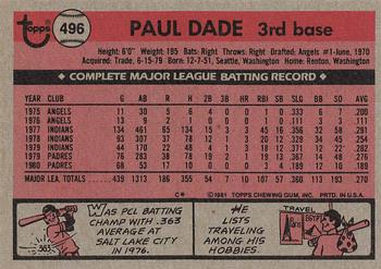 1981 Topps #496 Paul Dade Back