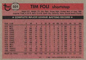 1981 Topps #501 Tim Foli Back