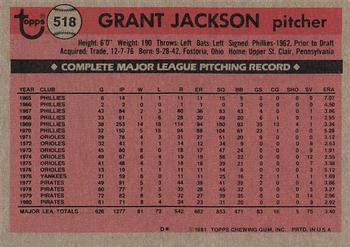 1981 Topps #518 Grant Jackson Back
