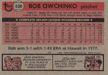 1981 Topps #536 Bob Owchinko Back