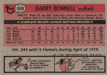 1981 Topps #558 Barry Bonnell Back