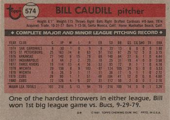 1981 Topps #574 Bill Caudill Back