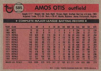 1981 Topps #585 Amos Otis Back