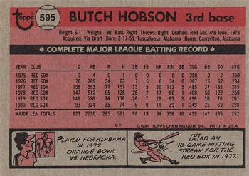 1981 Topps #595 Butch Hobson Back