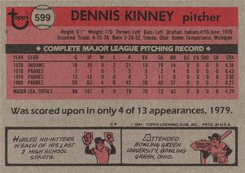 1981 Topps #599 Dennis Kinney Back