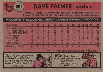 1981 Topps #607 Dave Palmer Back