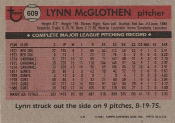 1981 Topps #609 Lynn McGlothen Back