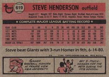 1981 Topps #619 Steve Henderson Back