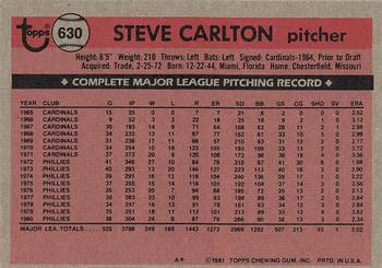 1981 Topps #630 Steve Carlton Back