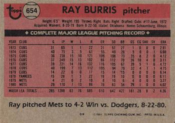1981 Topps #654 Ray Burris Back