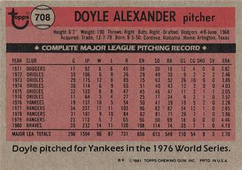 1981 Topps #708 Doyle Alexander Back