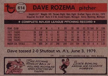 1981 Topps #614 Dave Rozema Back