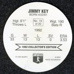 1993 Ben's Bakers Super Pitchers Discs #19 Jimmy Key Back