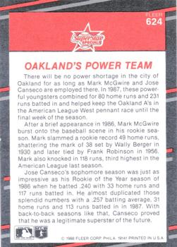 1988 Fleer - Glossy #624 Mark McGwire / Jose Canseco Back
