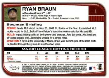 2008 Bowman Chrome #1 Ryan Braun Back