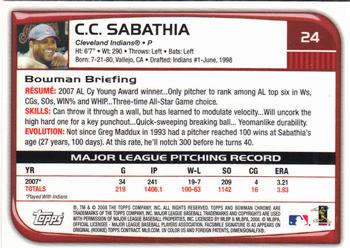 2008 Bowman Chrome #24 C.C. Sabathia Back