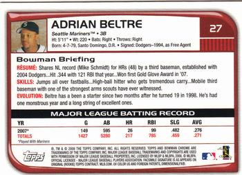 2008 Bowman Chrome #27 Adrian Beltre Back